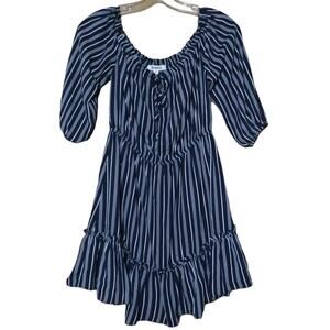 BB Dakota Off Shoulder Dress Fit & Flare Elastic Waist Striped Navy Blue White S